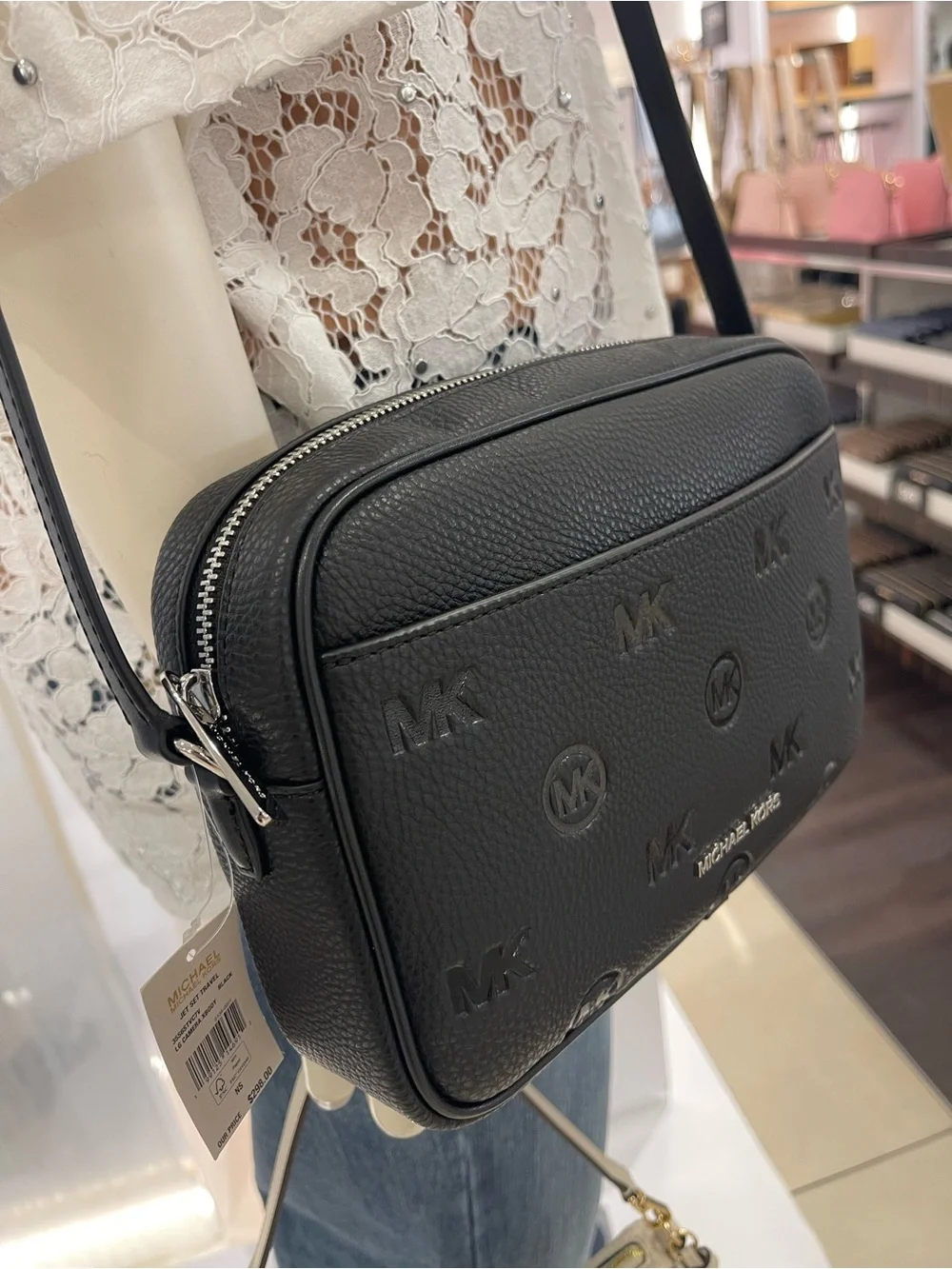 Michael Kors Jet Set Travel Larg Logo Debossed EW Camera Crossbody Bag Black NWT